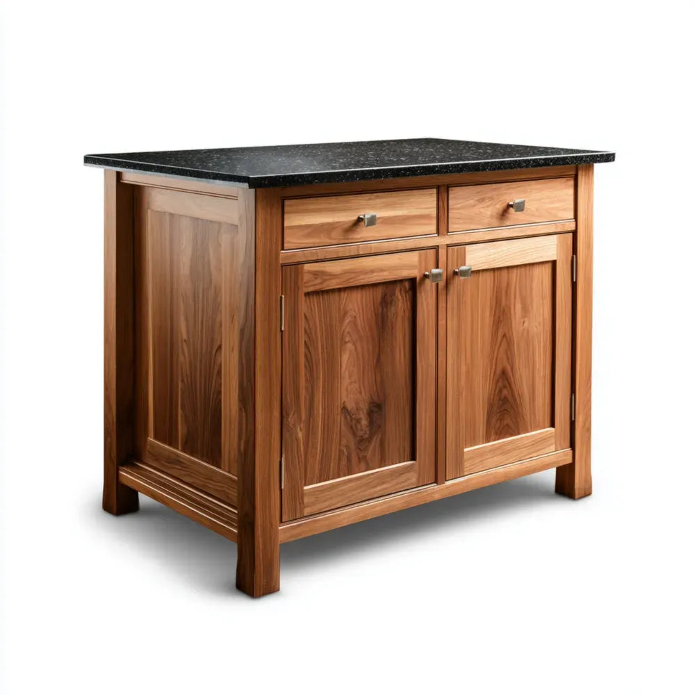 Kitchen Cabinet 90x60x91 cm - Solid Wood with Granite Top - Natural/Black - Modern Style