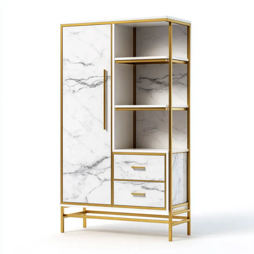 Display Cabinet 80x40x180 cm Marble Finish Gold Frame - Modern Design