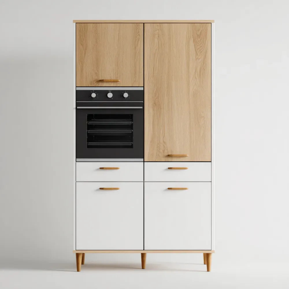 Kitchen Cabinet with Oven Space 90x60x200 cm - Wood and White Finish - Modern Design