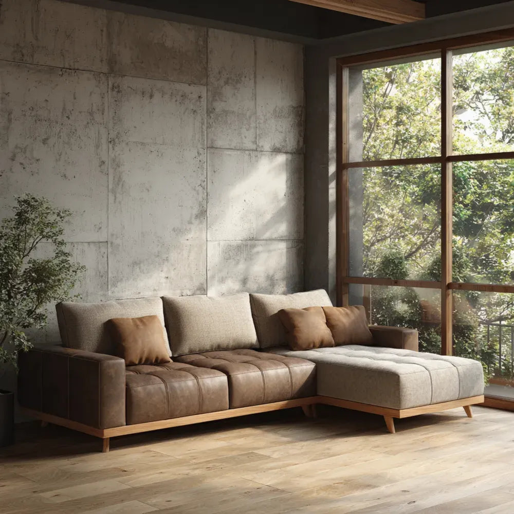 Sectional Sofa Leather Upholstered 250x90x75 cm - Brown/Beige - Modern Design