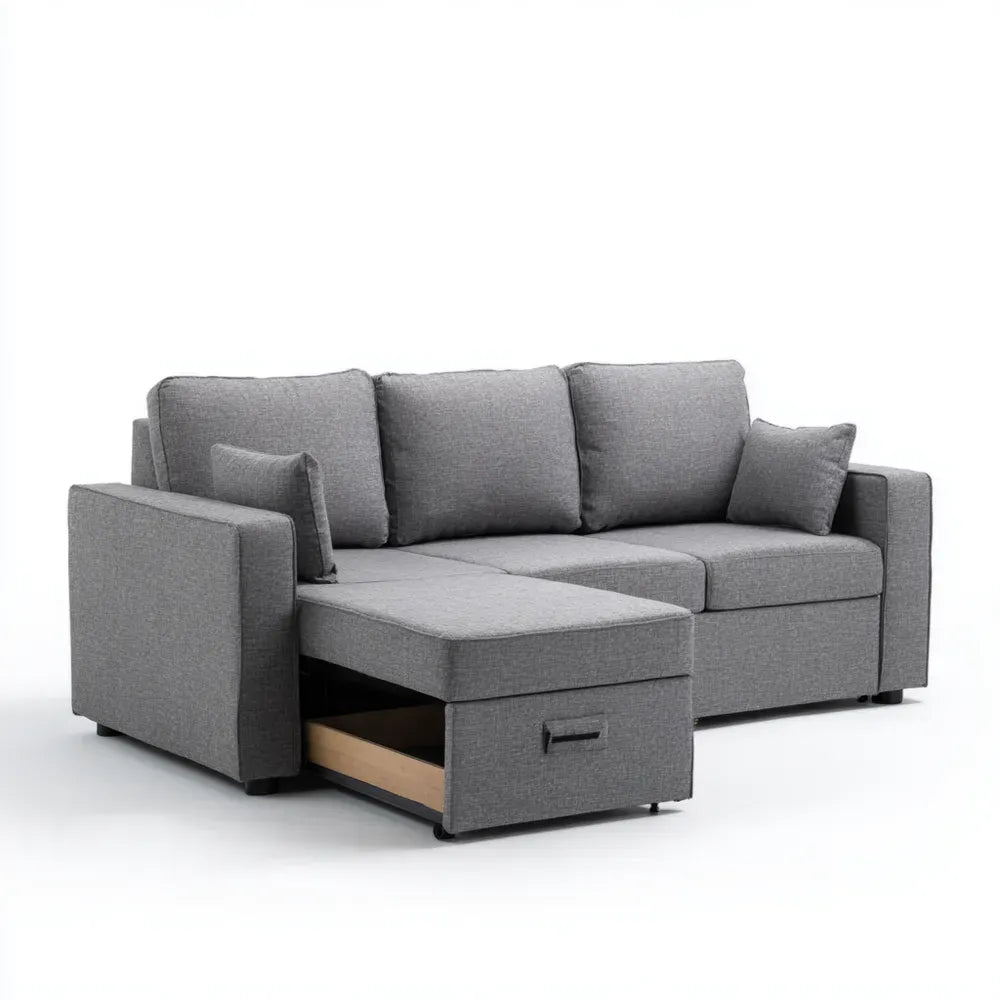 Sectional Sofa with Storage 220 x 150 x 85 cm - Fabric Upholstery in Light Gray - Modern Design
