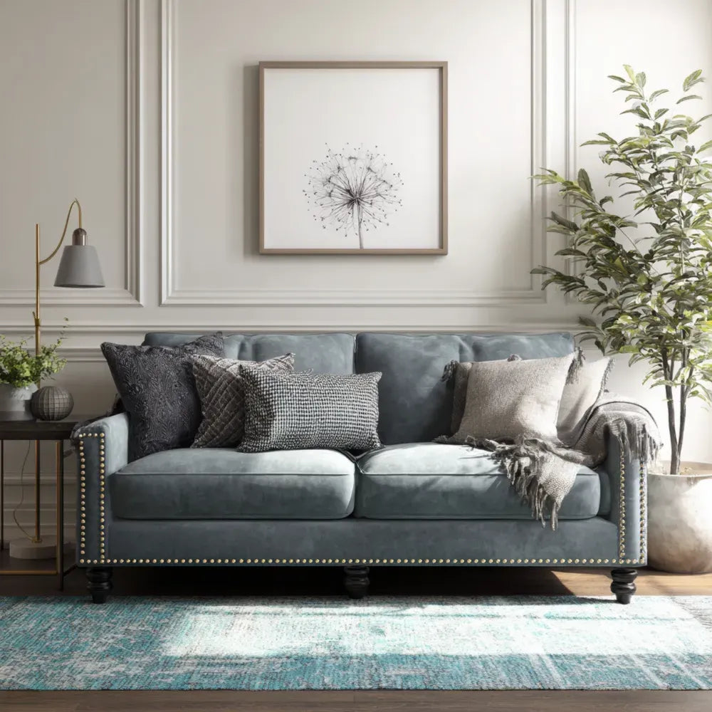 Sofa Set Velvet Upholstery 200x90x85 cm - Blue - Classic Design