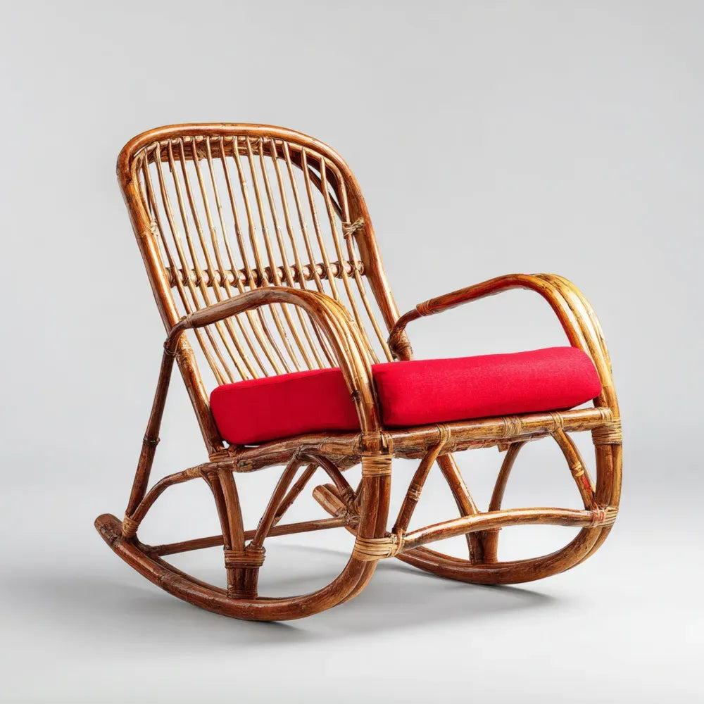Patio Rocking Chair Rattan 85x60x90 cm - Red Cushion - Rustic Style