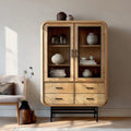 Wooden Display Cabinet 180x90x40 cm with Glass Doors and Drawers – Natural – Modern Design