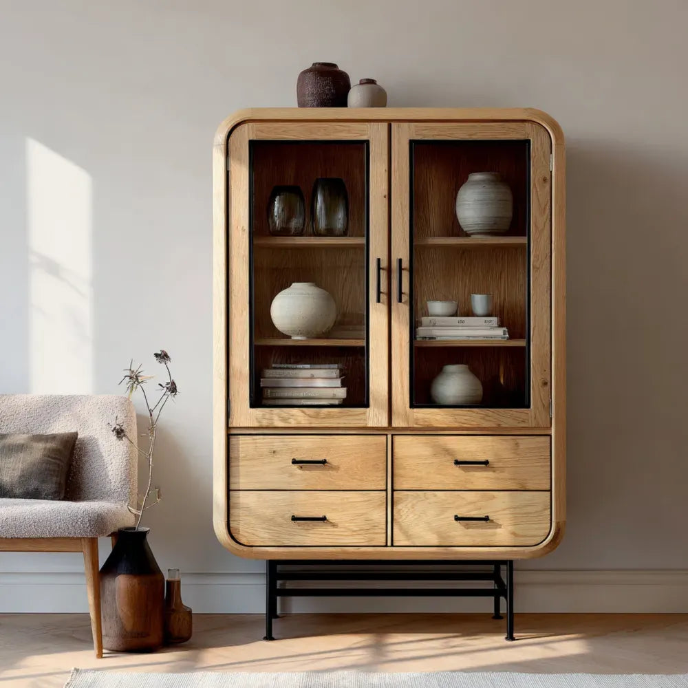 Wooden Display Cabinet 180x90x40 cm with Glass Doors and Drawers – Natural – Modern Design