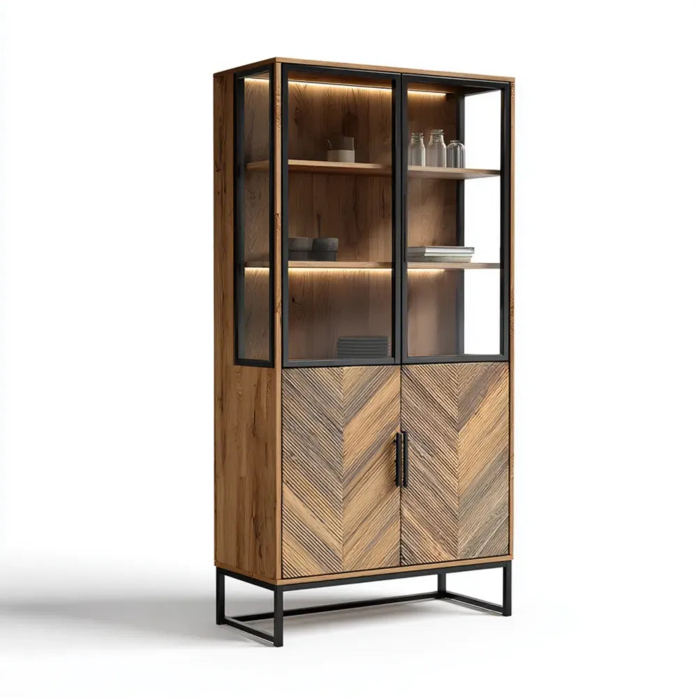 Display Cabinet 180x90x40 cm - Wood and Glass - Natural Finish - Modern Style