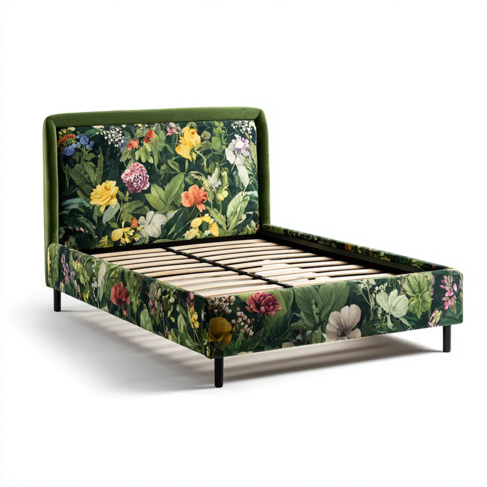 Upholstered Bed Frame 200x160x110 cm - Floral Fabric Queen Size - Green - Contemporary Design